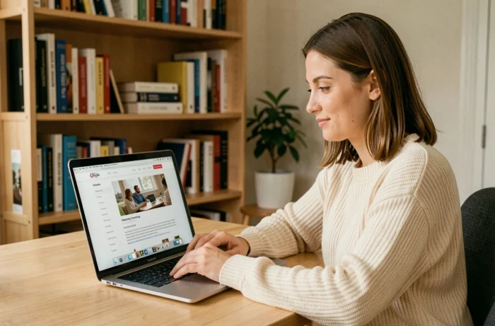 Femme parcourant le plan du site d'un magazine féminin sur son ordinateur portable dans un bureau à domicile chaleureux