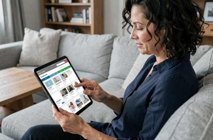 Femme utilisant une tablette pour explorer le plan de navigation d'un site féminin depuis son salon