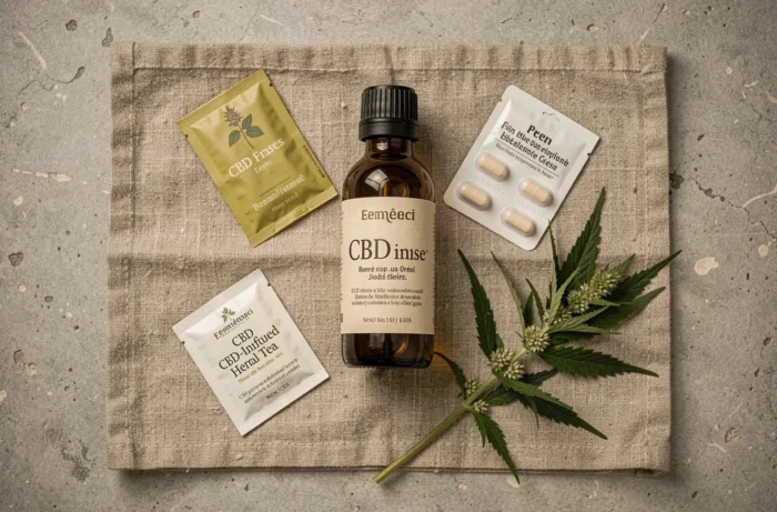 Plat posé de produits CBD français sur tissu lin et comptoir en pierre, thé chanvre et huile