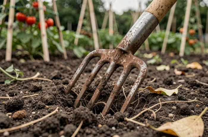Gros plan sur les dents d'une grelinette plantées dans un sol de potager riche et sombre