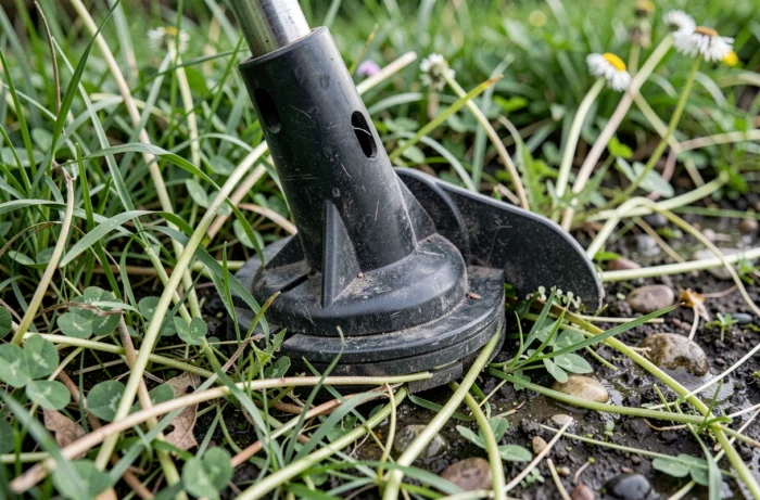 Gros plan sur la tête de coupe d'une débroussailleuse posée dans l'herbe haute et les mauvaises herbes d'un jardin