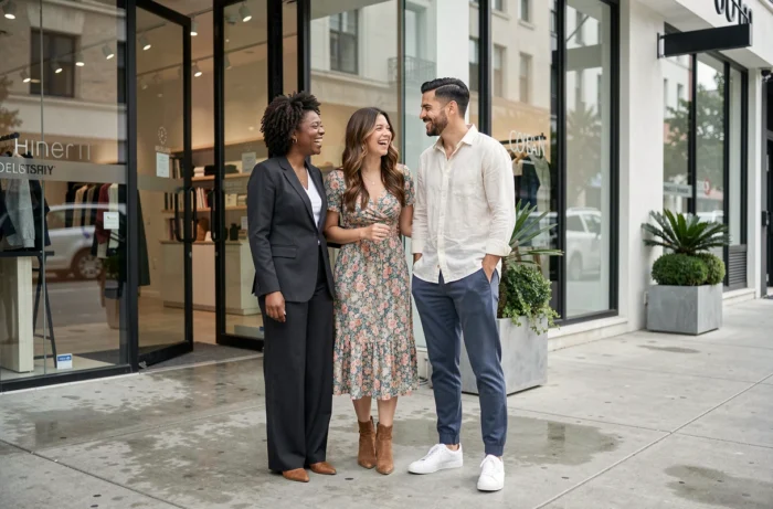 Groupe de trois amis stylés devant une boutique moderne, tendances mode mixtes et conseils pour toutes les saisons
