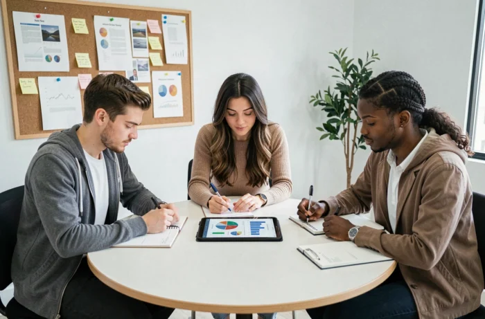 Groupe de trois petits entrepreneurs collaborant autour d'une table dans une salle communautaire, symbolisant l'entraide et l'accompagnement collectif proposé par une plateforme dédiée aux petites structures