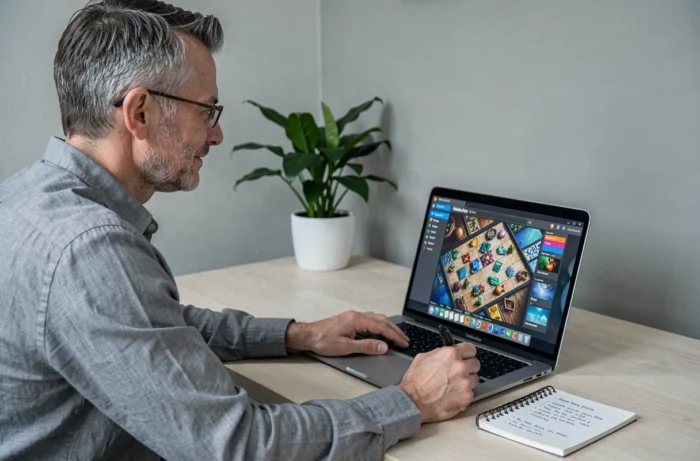 Homme jouant à Azul en ligne sur ordinateur portable avec des notes de stratégie manuscrites sur un bureau moderne