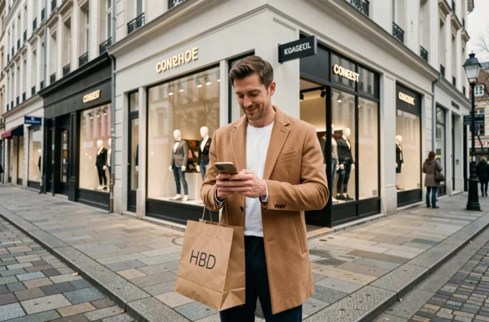 Homme élégant devant une boutique de mode tendance en alternative à Zara en milieu urbain