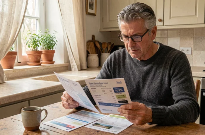 Homme comparant des brochures de placement PEL à son domicile, évaluant le PEL Quadreto face au PEL classique