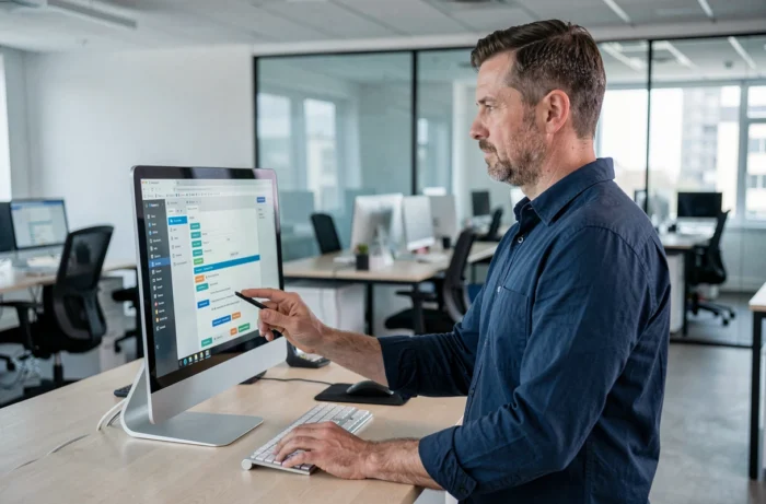 Homme consultant un plan de site web sur un grand écran dans un bureau moderne en open space
