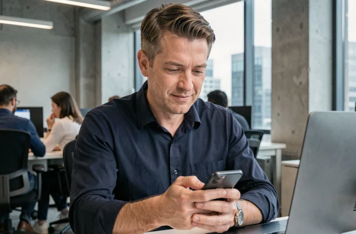 Homme utilisant son smartphone pour contacter le support Superfora depuis un bureau en open space