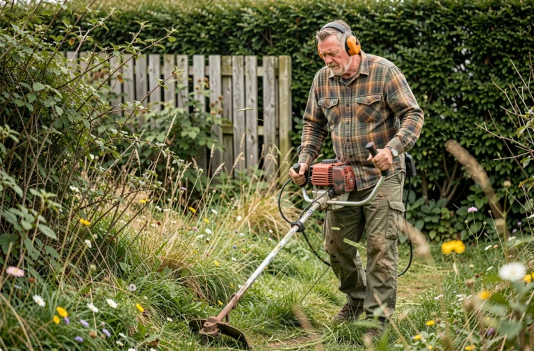 Homme utilisant une débroussailleuse thermique pour entretenir les bordures d'un jardin envahi par les herbes folles