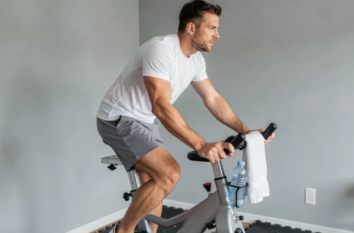 Homme testant le vélo d'appartement Ultrasport 400BS lors d'une séance d'entraînement à domicile