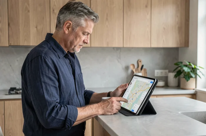 Homme parcourant le sitemap d'un site web sur tablette dans une cuisine moderne au style scandinave