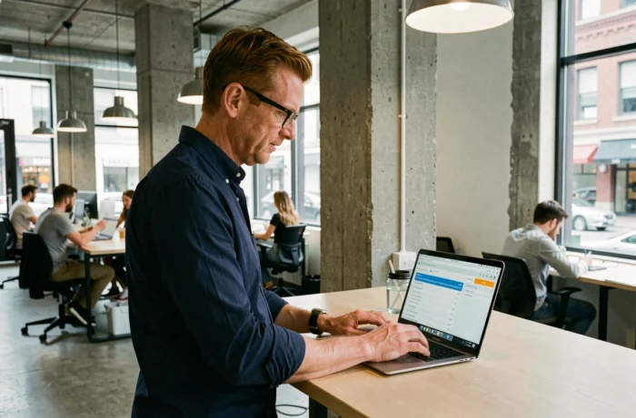 Homme travaillant sur une stratégie de référencement naturel dans un espace de coworking contemporain