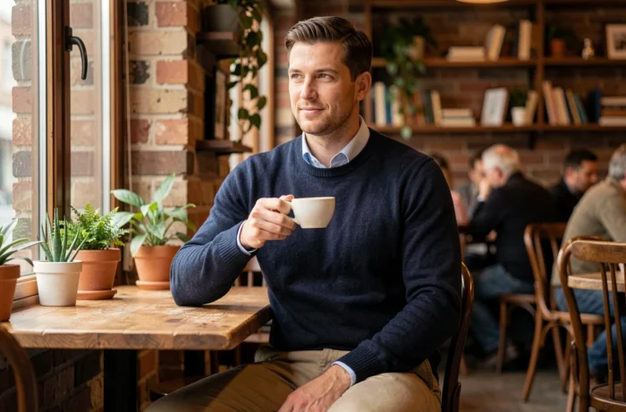 Homme bien habillé en pull marine au café, look casual chic avec conseils de style pour hommes au quotidien