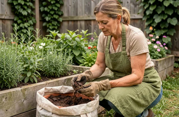Jardinière utilisant de la tourbe pour enrichir un pot en terre cuite dans un jardin fleuri
