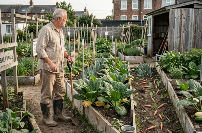 Jardinier âgé s'appuyant sur sa grelinette au milieu d'un jardin partagé en pleine saison
