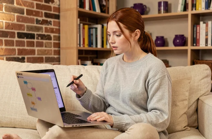 Jeune femme explorant le plan de site d'un blog sur son canapé dans un salon chaleureux décoré de céramiques violettes
