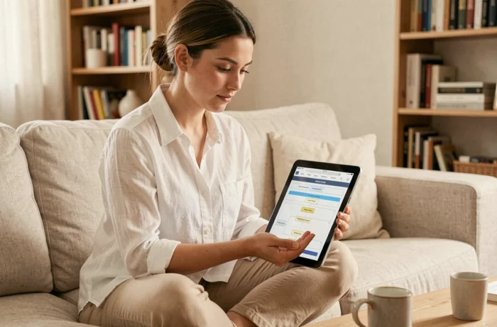 Jeune femme consultant le plan d'un site web sur une tablette installée confortablement dans son salon