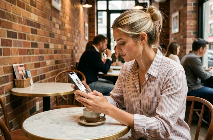Jeune femme consultant le plan du site d'un magazine féminin sur smartphone dans un café urbain