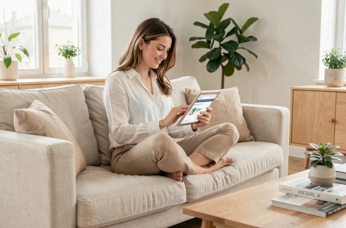 Jeune femme consultant le site de contact Superfora sur une tablette depuis son salon moderne