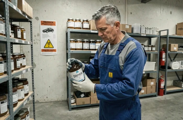 Technicien portant des gants de sécurité manipulant un produit Dirvox dans un local de stockage industriel organisé