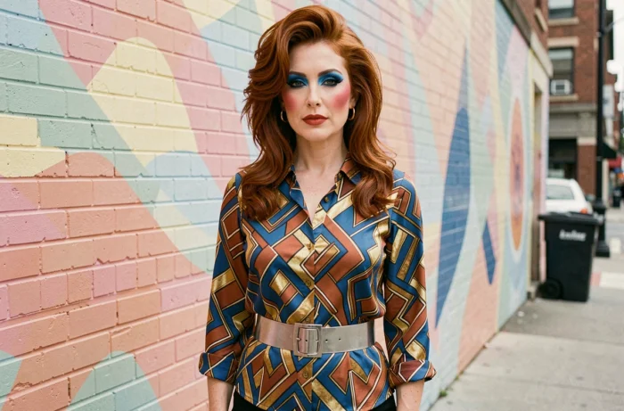 Femme avec maquillage années 80 aux fards à paupières bleu cobalt intense et blush dramatique dans un décor urbain rétro