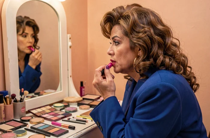Femme aux années 80 appliquant un rouge à lèvres fuchsia devant un miroir de coiffeuse vintage avec maquillage rétro coloré