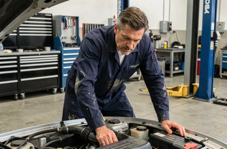 Mécanicien automobile inspectant le moteur d'une voiture dans un garage professionnel