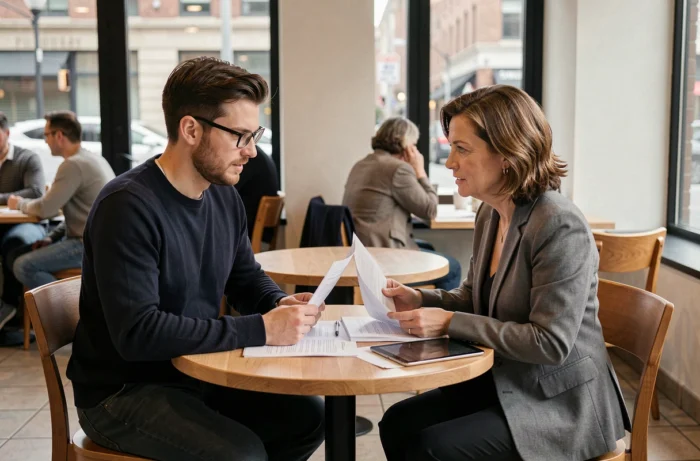 Jeune entrepreneur accompagné par une mentore dans un café moderne, représentant le soutien personnalisé offert aux petites structures par une plateforme dédiée