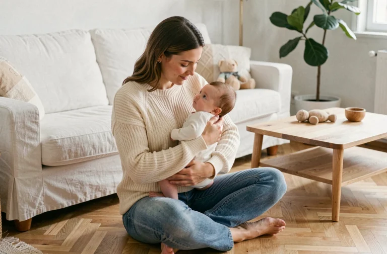 Jeune mère tenant tendrement son bébé de quatre mois dans un salon Scandinave cosy et chaleureux