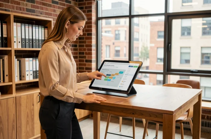 Jeune femme consultant la navigation du site web de la Clinique Bonsecours sur une tablette dans un bureau administratif médical
