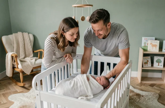 Parents admirant leur nouveau-né endormi dans un berceau dans une chambre de bébé décorée avec soin