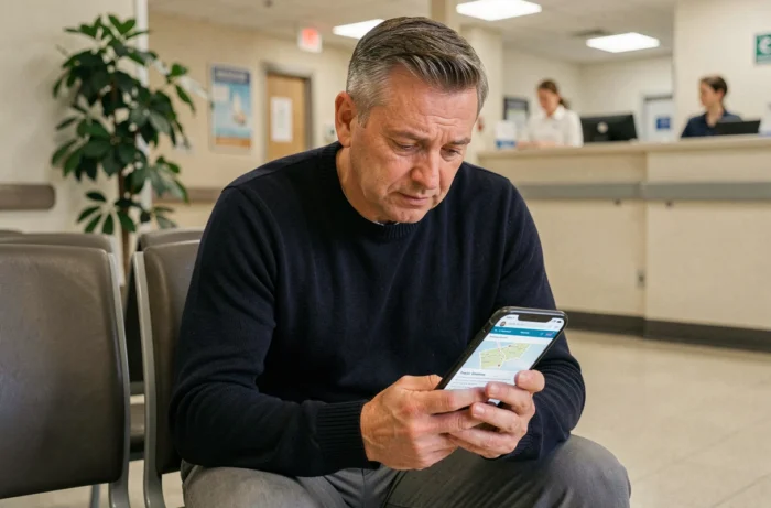 Patient d'âge mûr recherchant des informations médicales sur le site de la Clinique Bonsecours depuis sa salle d'attente