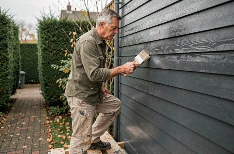 Homme peignant un bardage en bois extérieur en gris anthracite avec un pinceau plat sur un échafaudage de jardin en automne