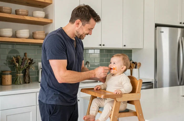 Père donnant la première purée à son bébé dans une cuisine familiale moderne et chaleureuse