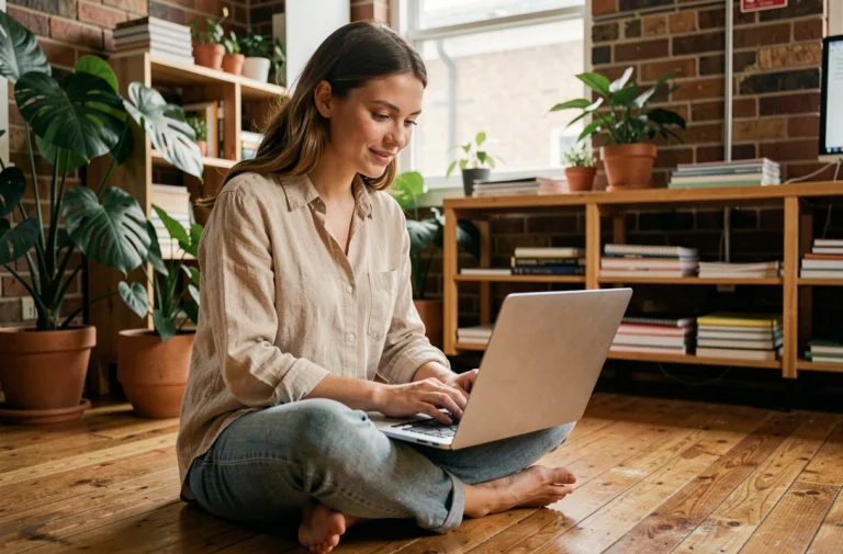Jeune femme indépendante travaillant sur son ordinateur portable dans un espace de coworking chaleureux, illustrant l'accompagnement des petits entrepreneurs au quotidien