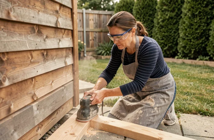 Femme ponçant les planches d'un cabanon en bardage bois extérieur avec une ponceuse électrique avant l'application de la peinture