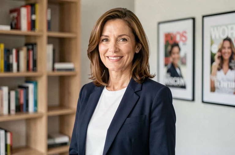 Portrait éditorial d'une actrice américaine souriante en blazer marine dans un bureau moderne, style magazine