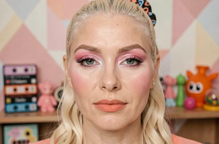 Portrait rapproché d'une femme avec maquillage complet des années 80, fard à paupières rose givré et cils charbonneux dans chambre rétro