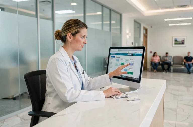 Réceptionniste médicale consultant le plan du site de la Clinique Bonsecours sur un ordinateur de bureau dans un hall d'hôpital moderne
