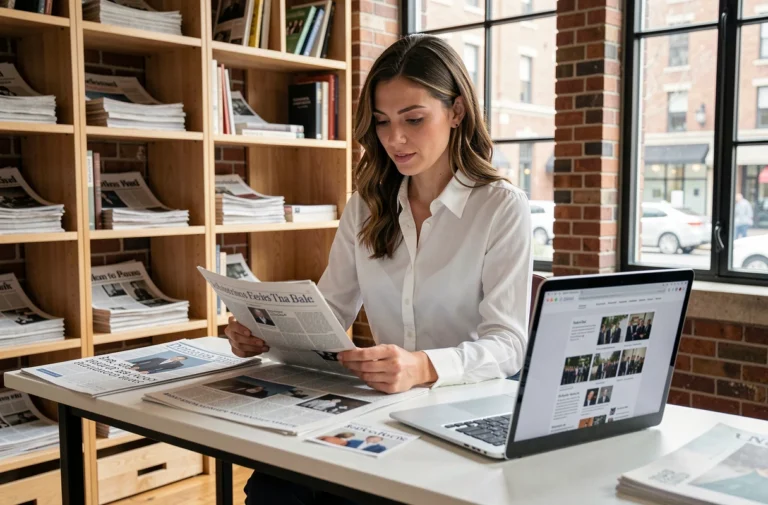 Rédactrice en chef parcourant les actualités et nouveautés éditoriales du site Verita Press dans un bureau moderne