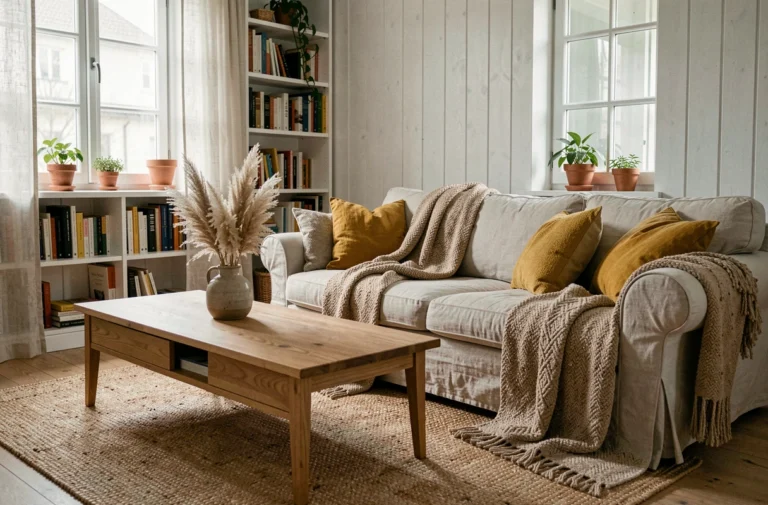 Salon chaleureux de style scandinave avec canapé en lin, coussins moutarde, plantes séchées et étagères en bois naturel