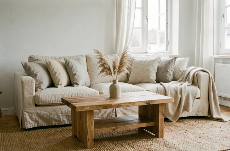 Salon scandinave épuré avec canapé en lin crème, vase en céramique et plaid en laine, ambiance sereine et naturelle