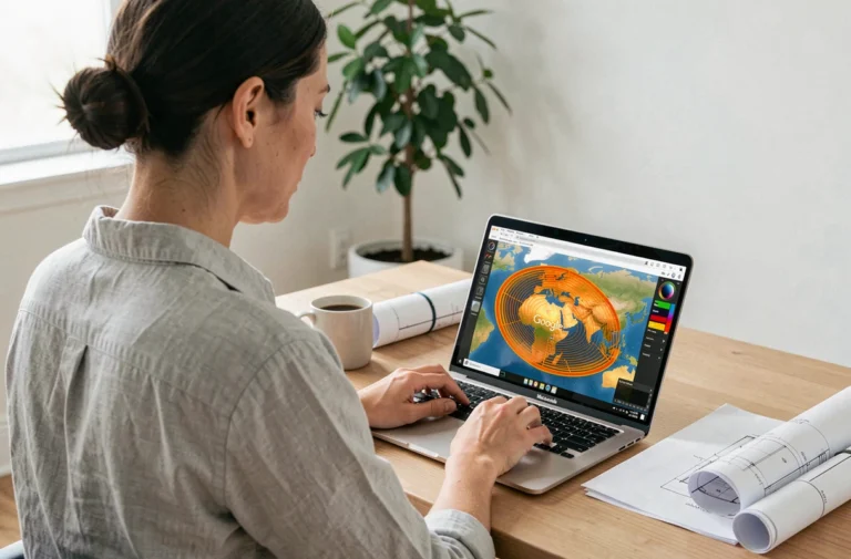 Femme analysant une simulation d'ensoleillement sur Google Earth depuis son bureau à domicile