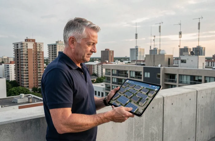 Professionnel consultant une simulation d'ensoleillement Google Earth sur une terrasse en milieu urbain