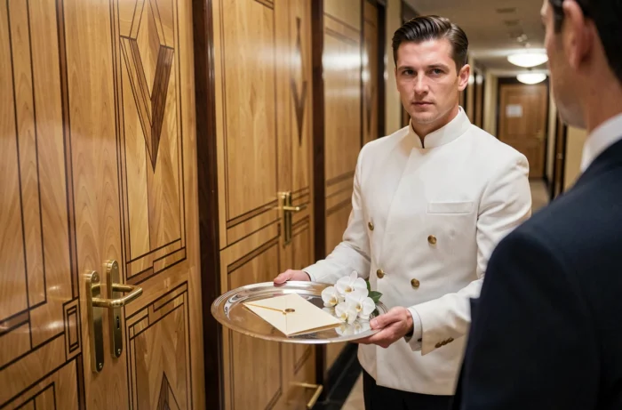 Steward en uniforme blanc présentant un plateau argenté dans le couloir art déco de l'Orient-Express