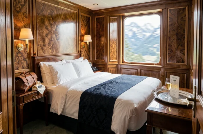 Suite luxueuse de l'Orient-Express avec lit en coton égyptien, boiseries marquetées et vue sur les Alpes