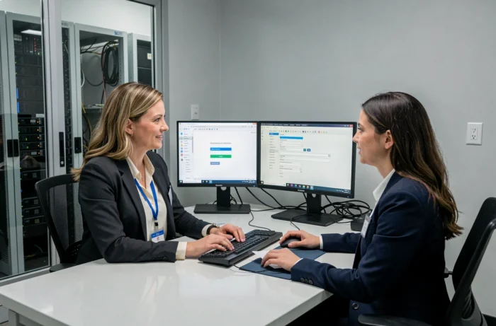 Technicienne informatique du CHU Montpellier accompagnant un agent dans la connexion sécurisée à la messagerie professionnelle