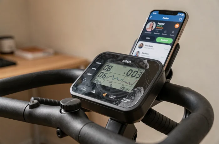 Gros plan sur le tableau de bord numérique du vélo f bike Ultrasport 400BS affichant les données d'entraînement