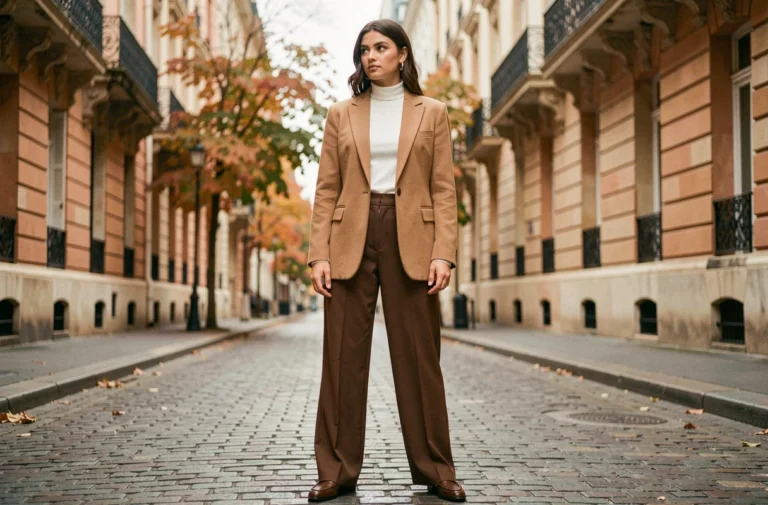 Femme élégante portant un blazer camel oversize et un pantalon large marron dans une rue pavée parisienne en automne, tendances mode saison