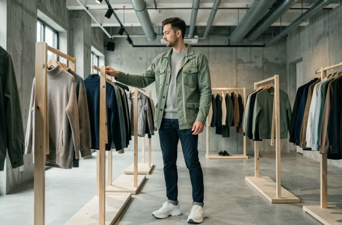 Homme stylé en veste utilitaire verte et jean indigo explorant un concept store minimaliste, mode masculine tendances automne-hiver